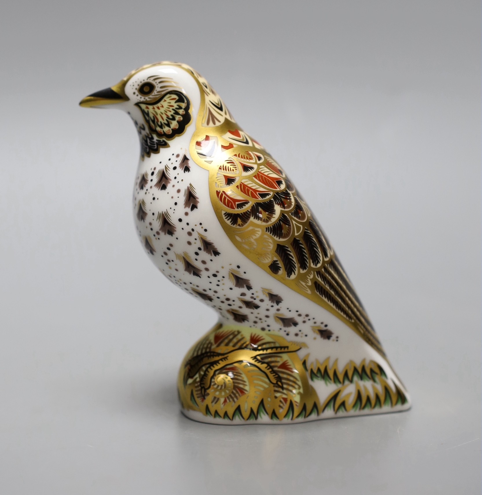 A Royal Crown Derby paperweight - Song Thrush, gold stopper, box, no certificate